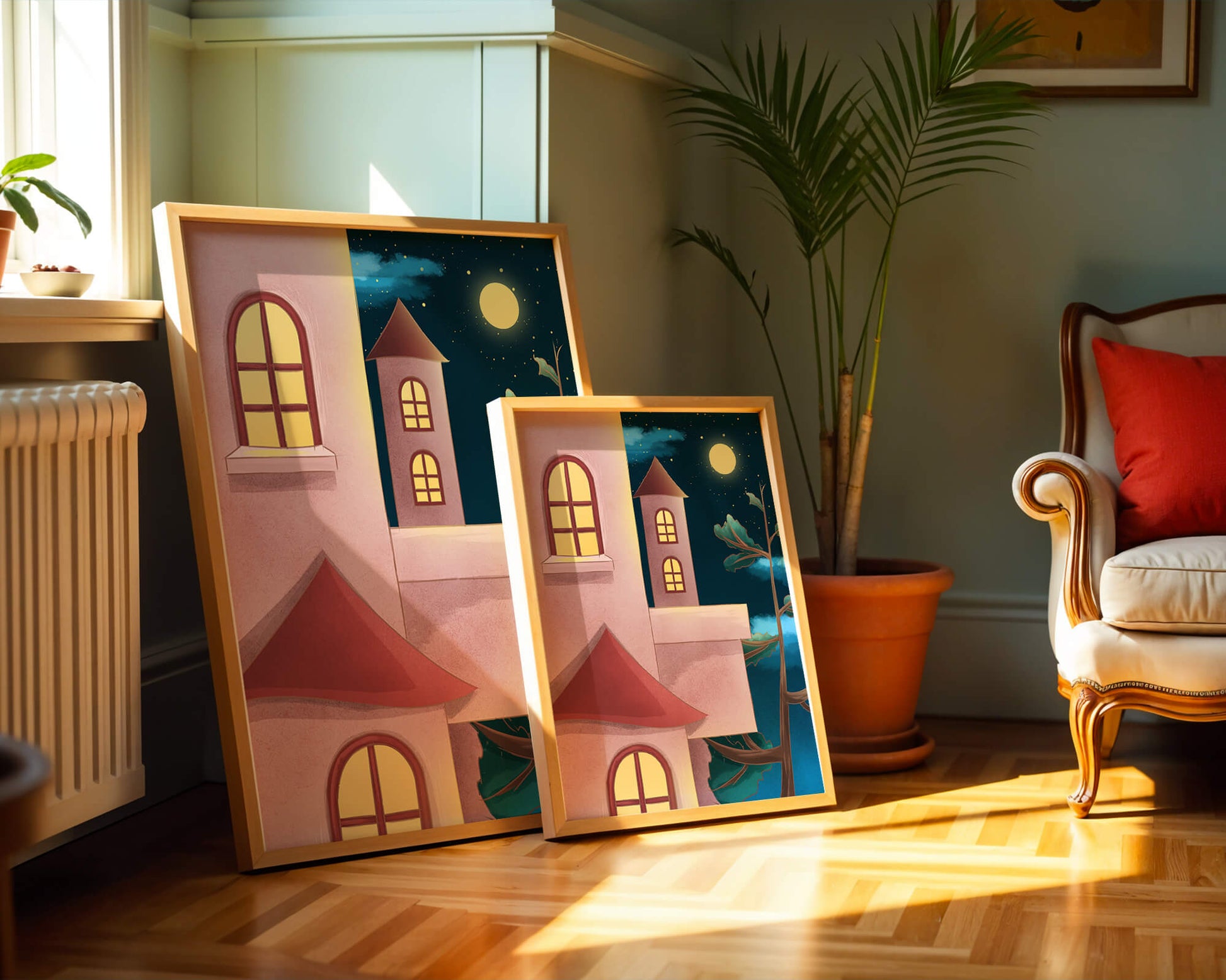 Castle with Arched Windows under Moonlit Sky