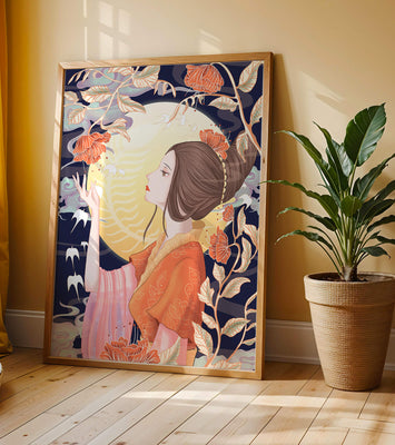 Elegant illustration of a woman with floral elements under the moonlight