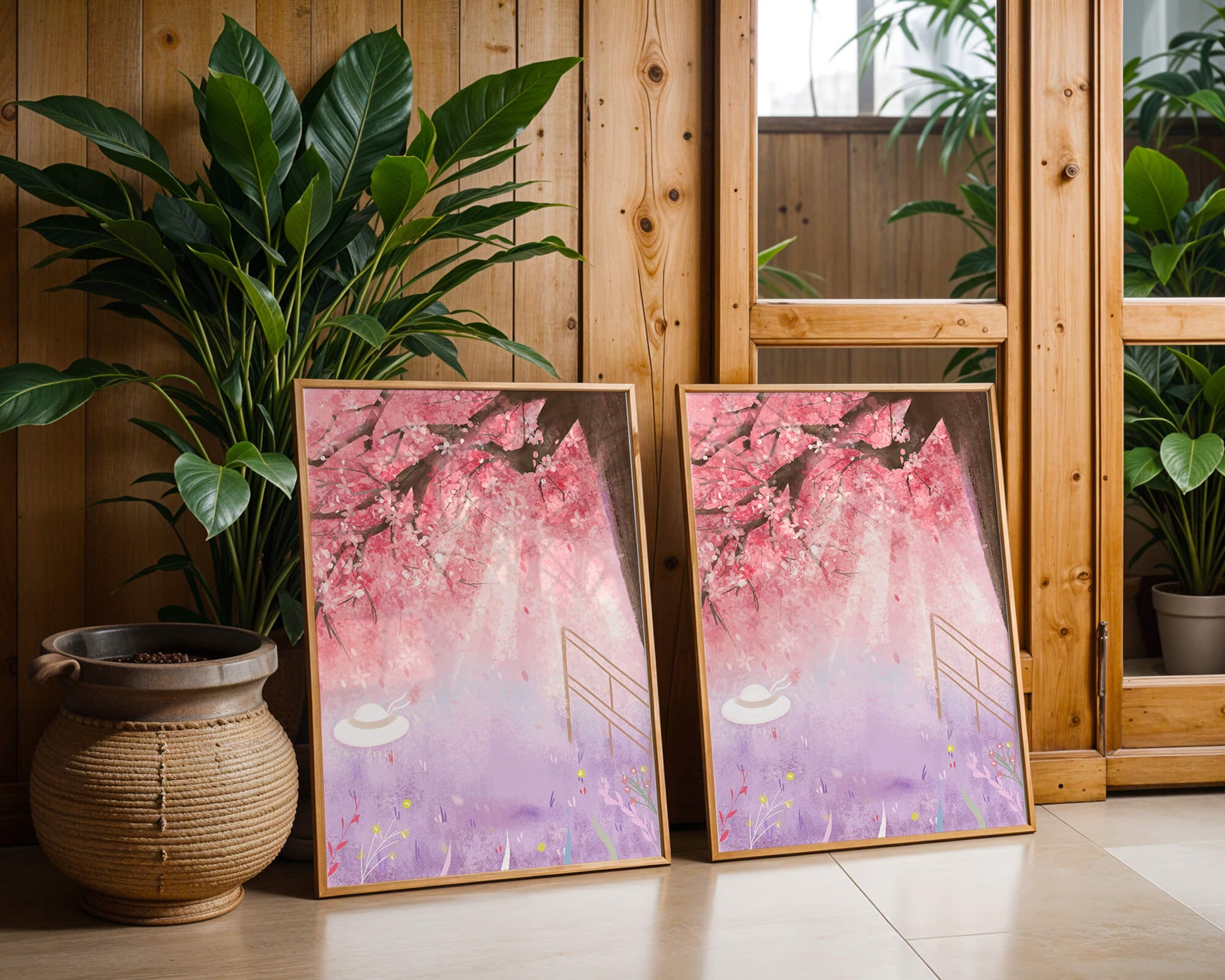 Cherry Blossom Garden with Spring Flowers and Sunlight