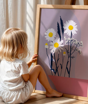 Illustrative floral artwork with daisies and abstract background