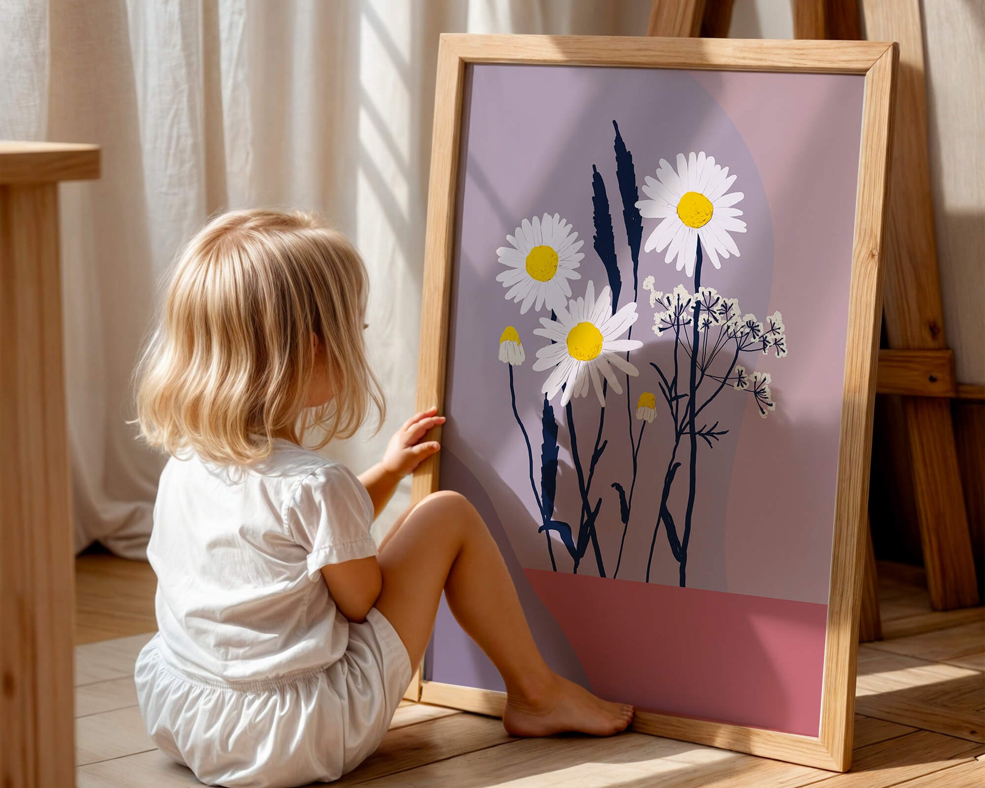 Illustrative floral artwork with daisies and abstract background