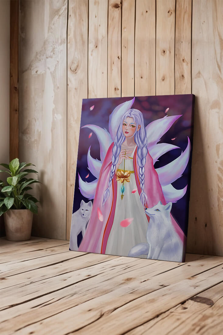 Fantasy art of ethereal figure with foxes and petals