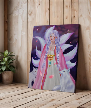 Fantasy art of ethereal figure with foxes and petals