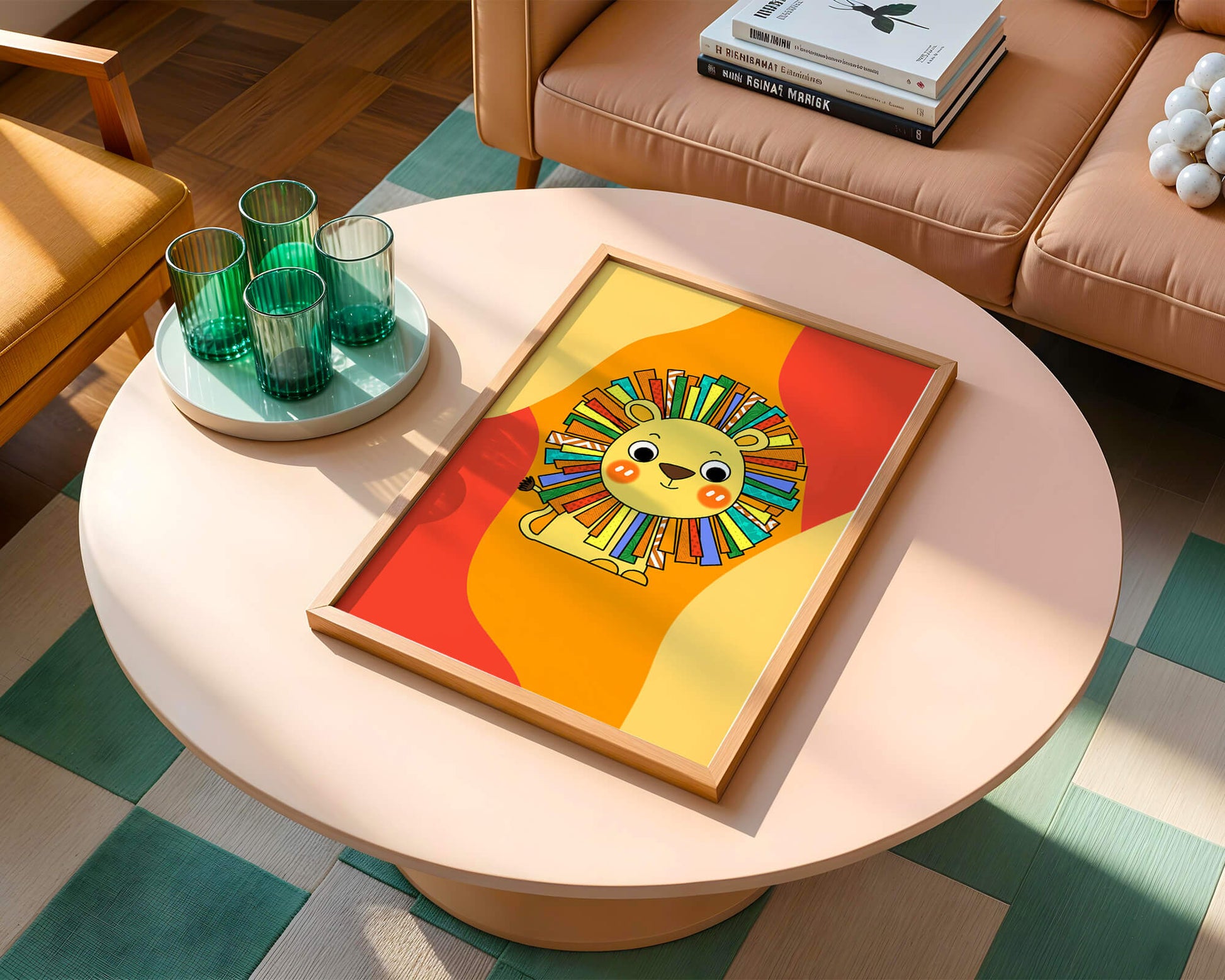 Colorful cartoon lion illustration with vibrant mane on abstract background