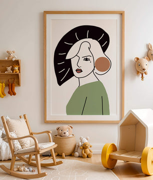 Minimalist Abstract Portrait Featuring Woman with Black Hat and Green Outfit - Mi tienda