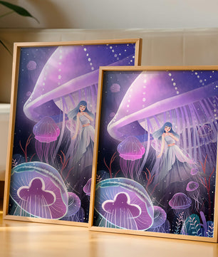 Underwater Fantasy Scene with Jellyfish and Girl