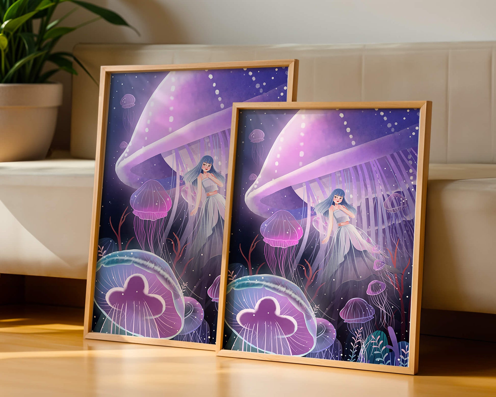 Underwater Fantasy Scene with Jellyfish and Girl