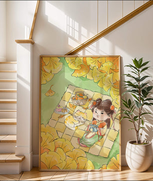 Charming autumn picnic scene with girl and cat surrounded by ginkgo leaves