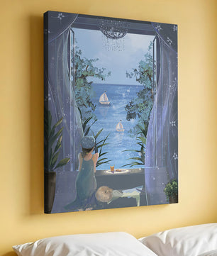 Serene seaside view from an open window with a sailboat and relaxing atmosphere