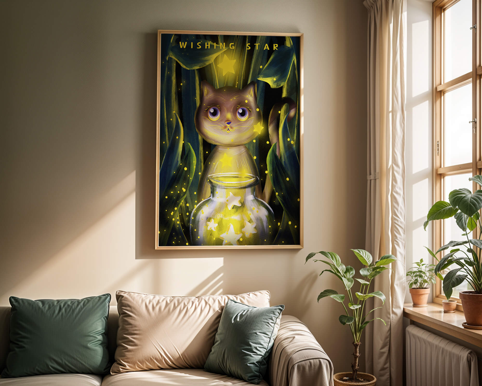 Cat under starry night in a magical forest setting