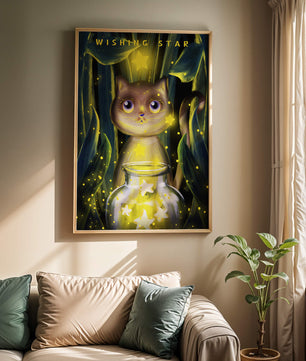 Cat under starry night in a magical forest setting