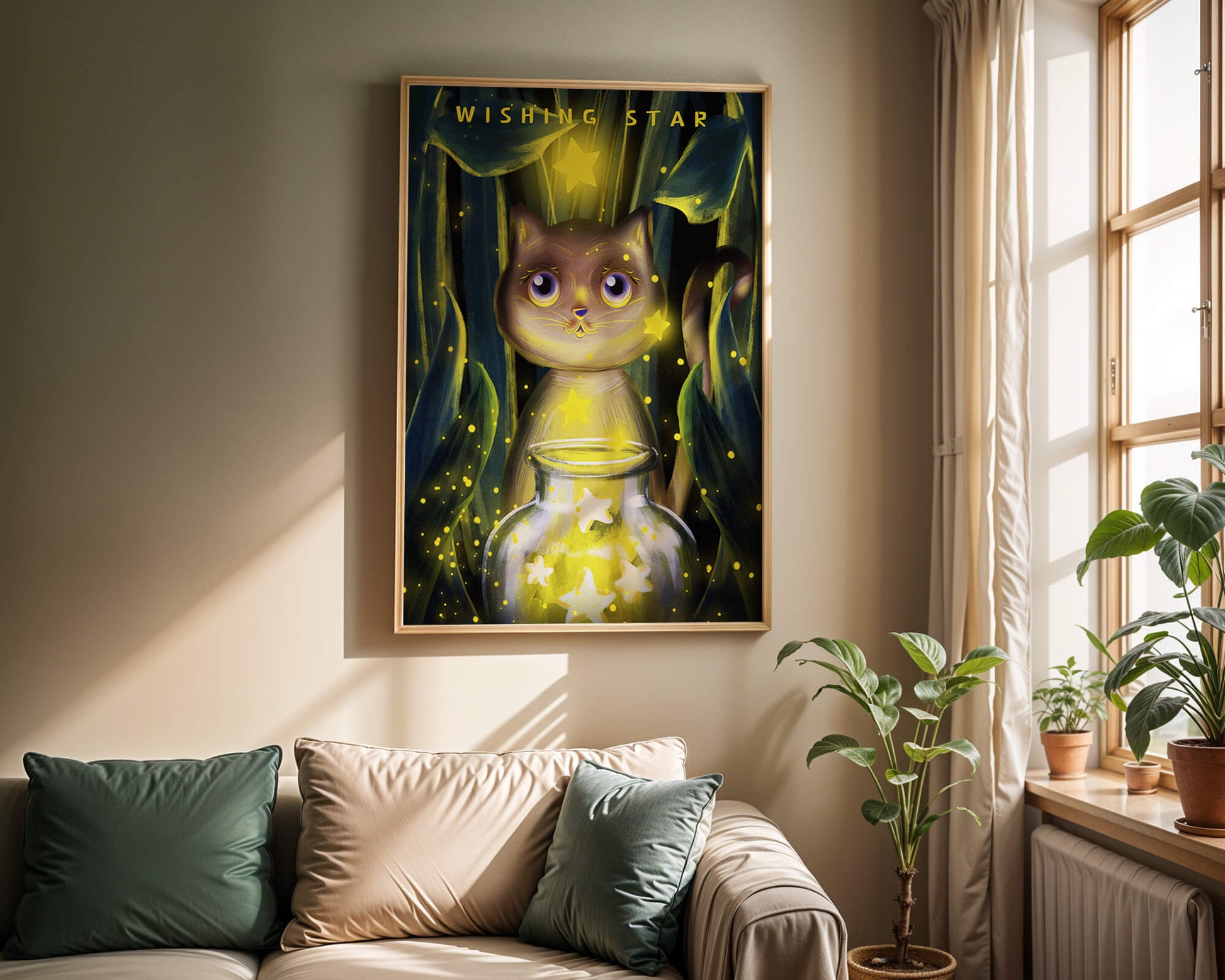 Cat under starry night in a magical forest setting