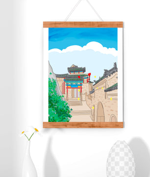 Arquitectura china tradicional con toques vibrantes y fondo escénico