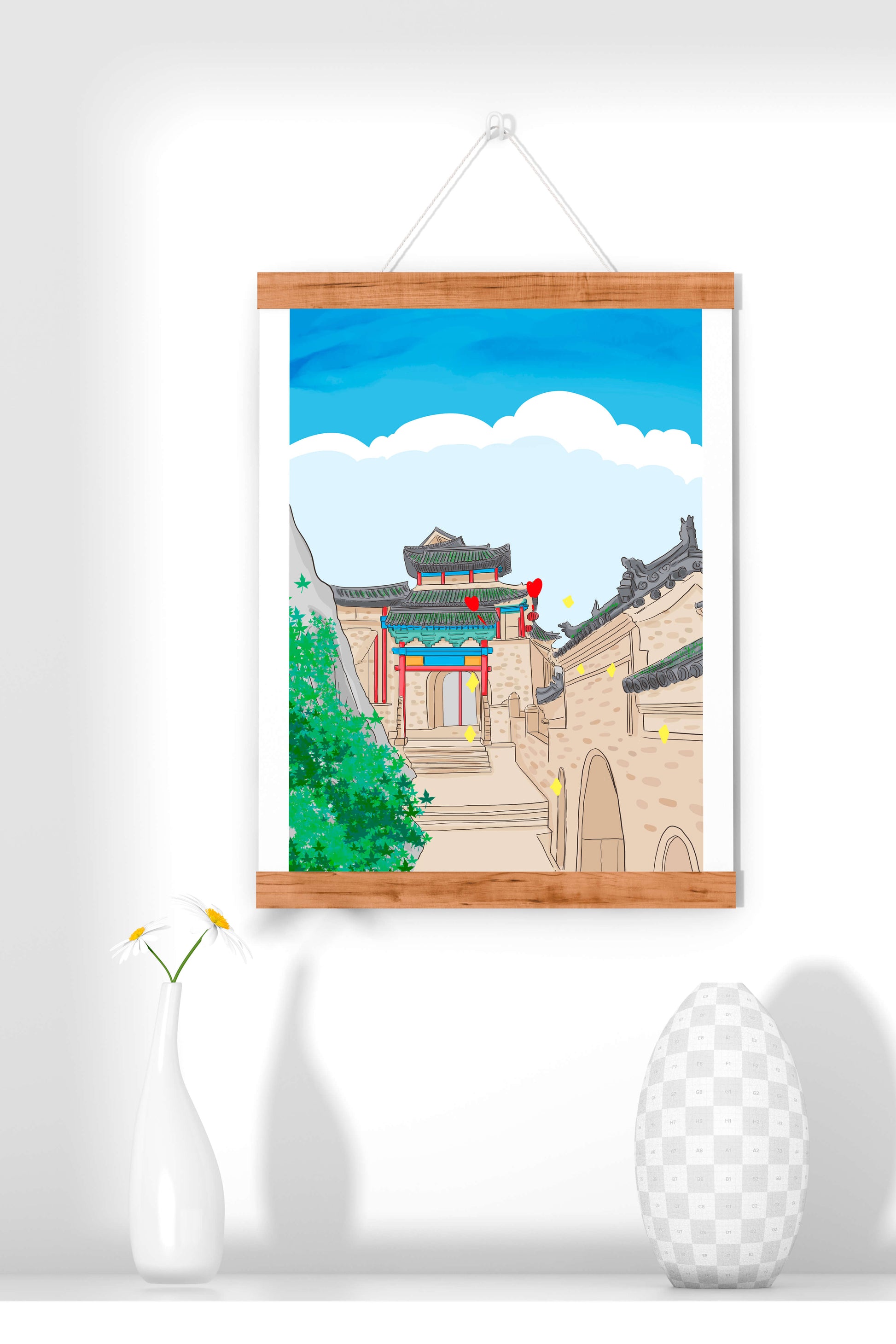 Arquitectura china tradicional con toques vibrantes y fondo escénico