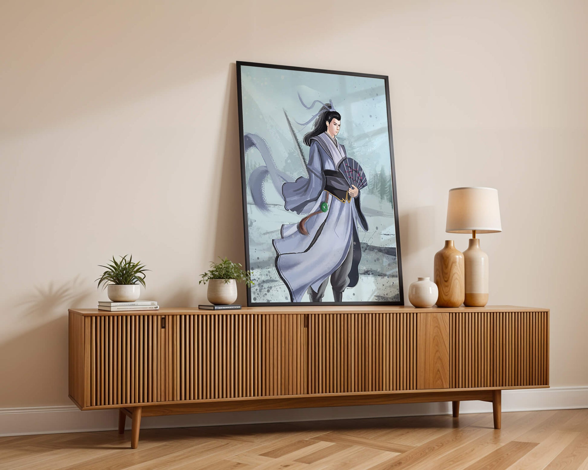 Elegant warrior in traditional attire with flowing robes and fan