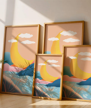 Abstract Landscape with Yellow Crescent and Pastel Colors