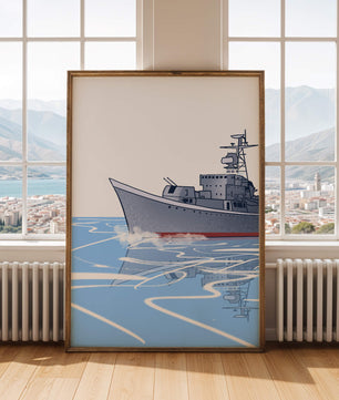Illustrative depiction of a warship sailing on calm waters