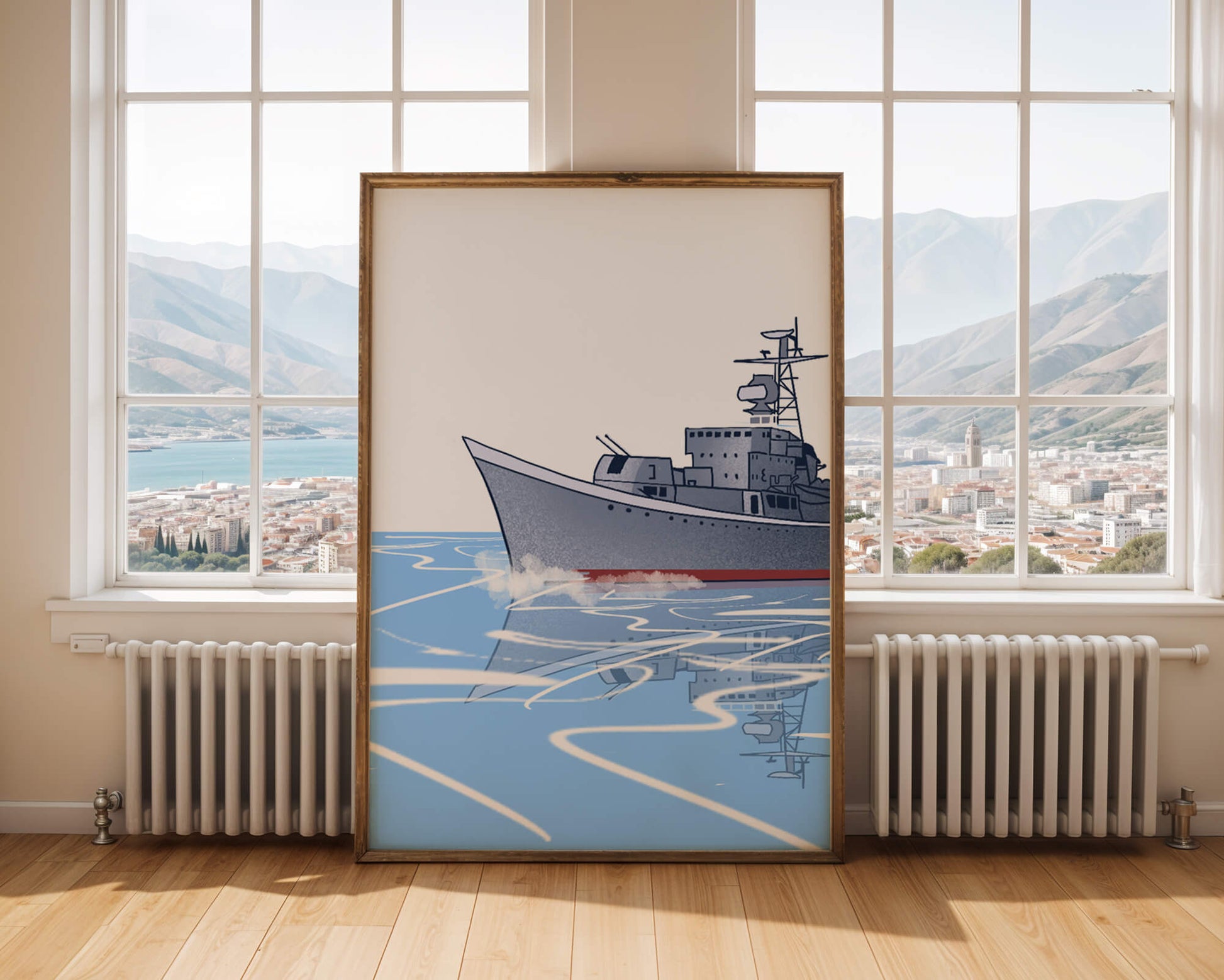 Illustrative depiction of a warship sailing on calm waters