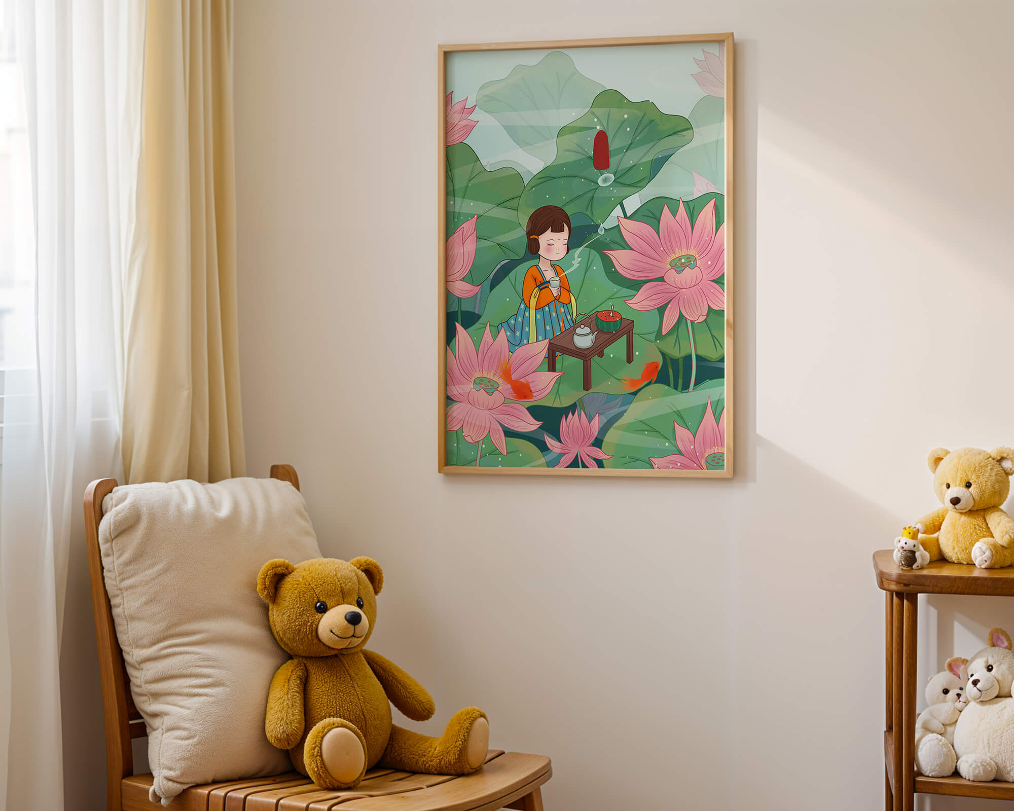 Serene illustration of a girl enjoying tea among lotus flowers