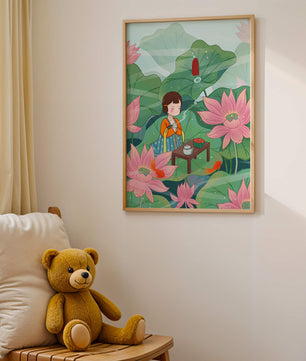 Serene illustration of a girl enjoying tea among lotus flowers