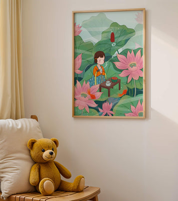 Serene illustration of a girl enjoying tea among lotus flowers