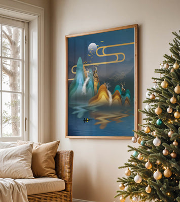 Abstract landscape with golden deer and layered mountains in serene night scene