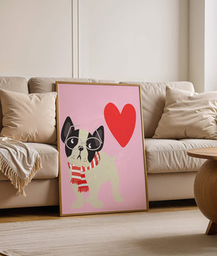 Ilustración juguetona de un bulldog francés con gafas y bufanda sobre fondo rosa con corazón