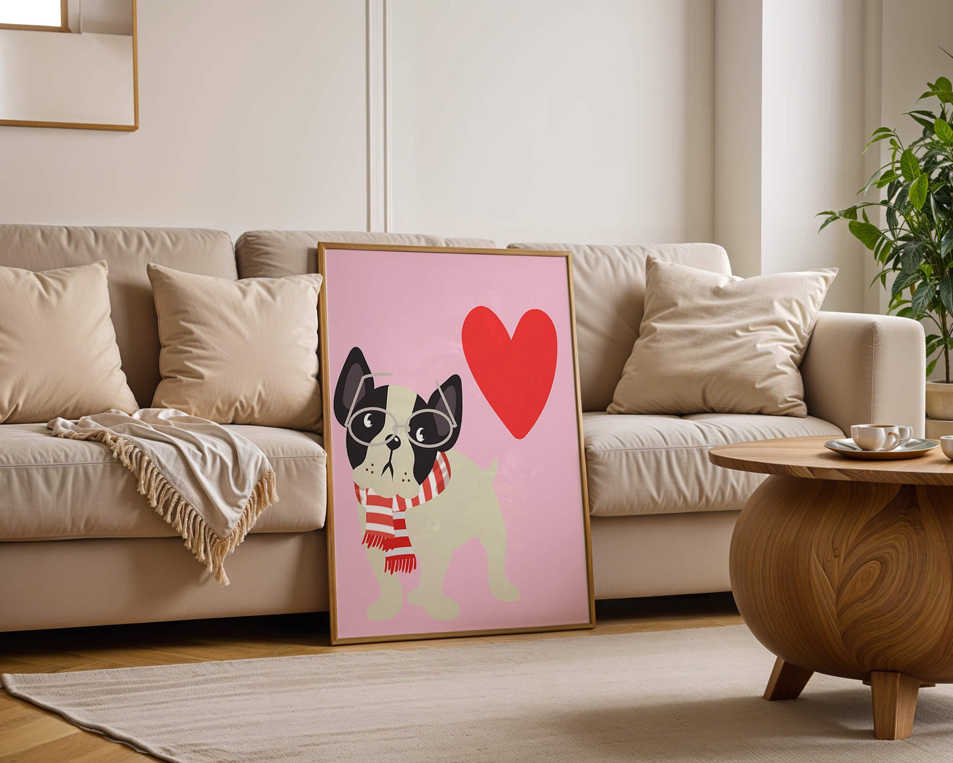 Ilustración lúdica de un bulldog francés con gafas y bufanda sobre fondo rosa con corazón