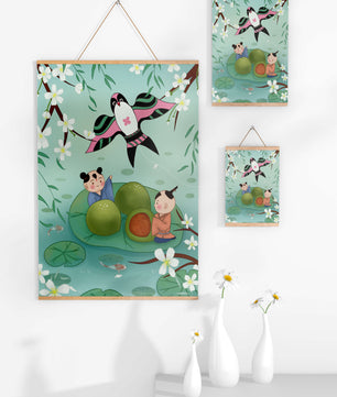 Children Playing on Lotus Leaves with Kite and Cherry Blossoms
