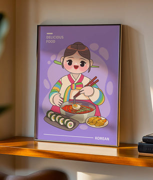 Charming illustration of Korean cuisine with a cheerful character