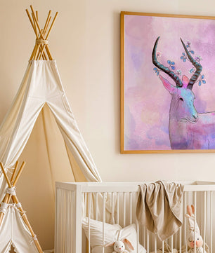 Pastel watercolor illustration of antelope with floral horns
