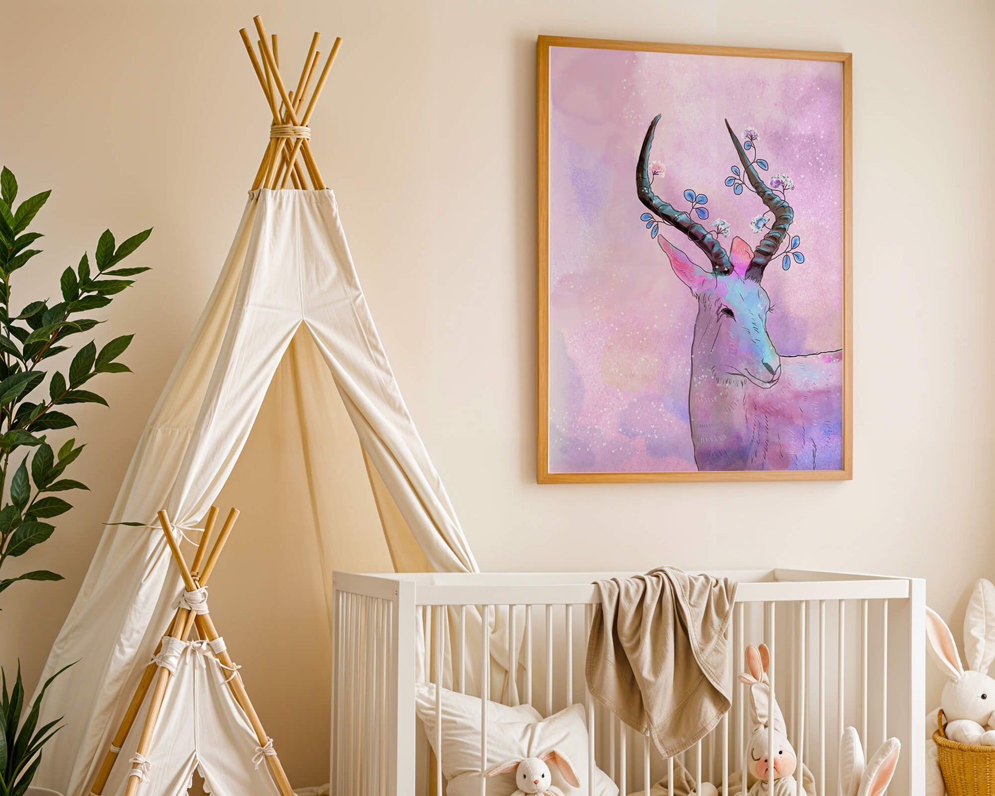 Pastel watercolor illustration of antelope with floral horns