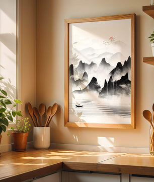 Peaceful mountain landscape with mist and rising sun