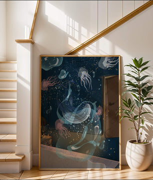 Tema de cuarto submarino con medusas y una puerta