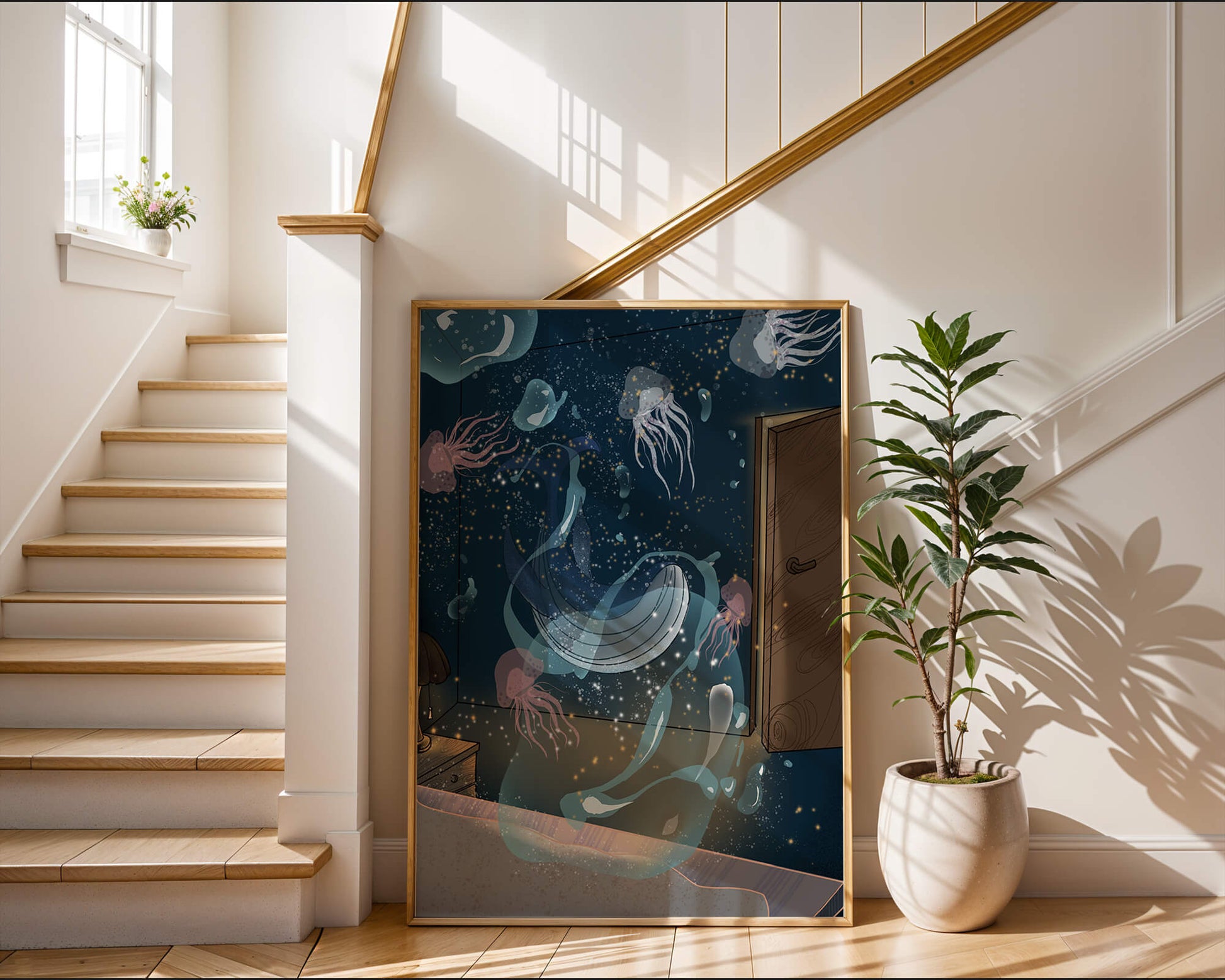 Underwater-themed room with jellyfish and a door
