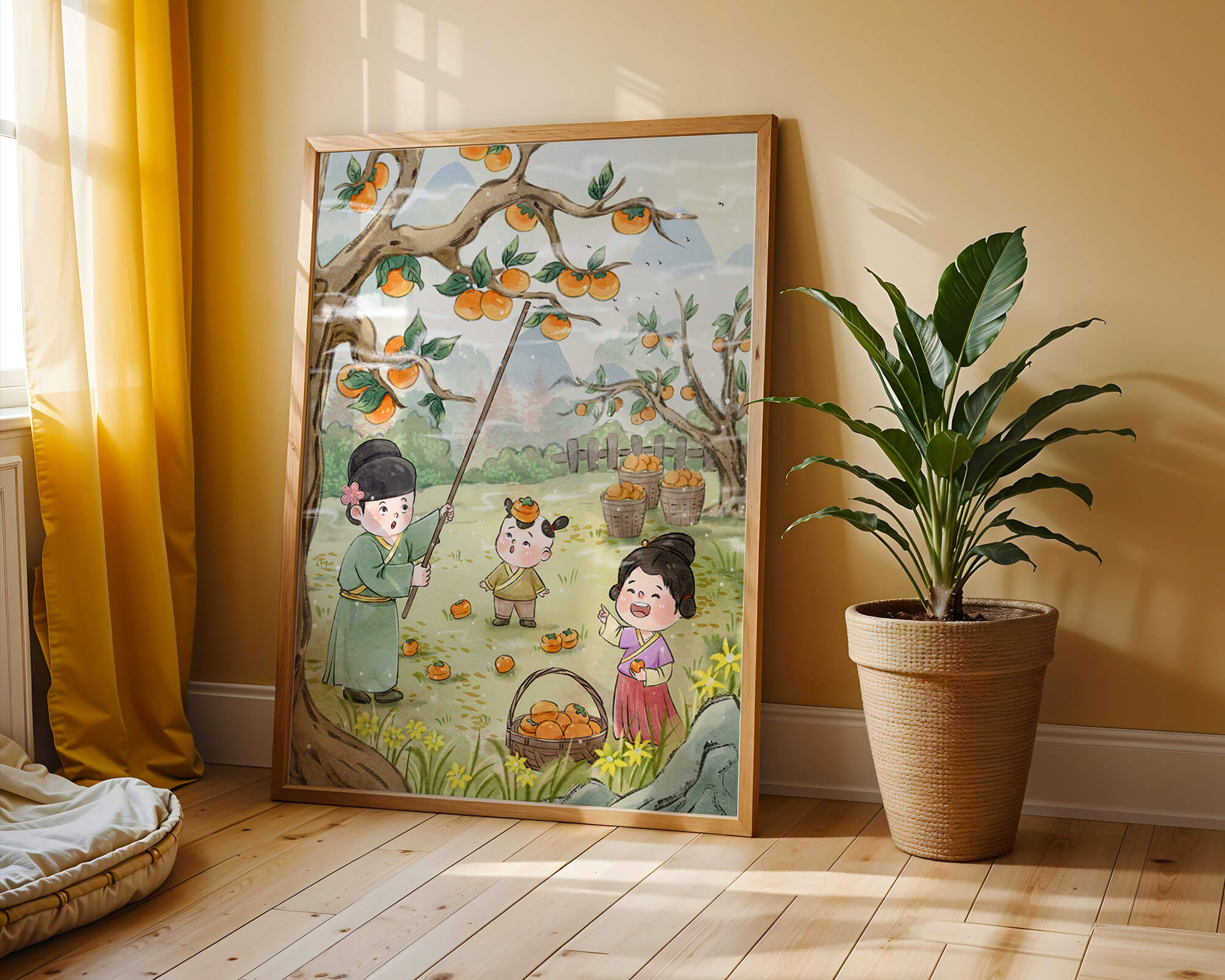 Illustration of children harvesting persimmons in a traditional setting