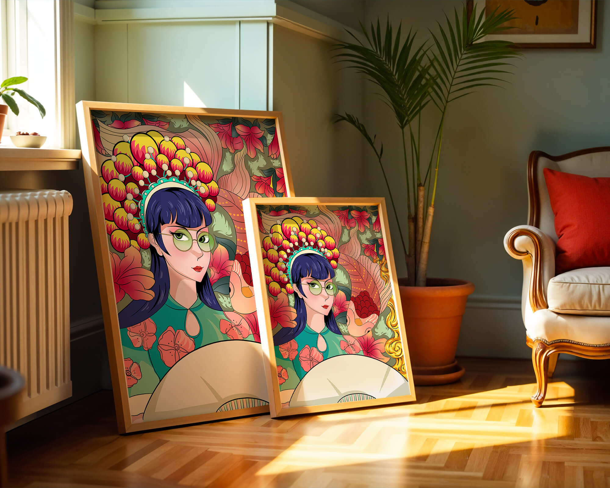 Colorful illustration of a woman with floral headdress and fish background