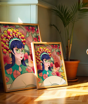 Illustration colorée d’une femme avec une coiffe florale et un fond de poissons