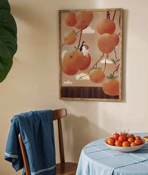 Whimsical illustration of girl with giant oranges and branches