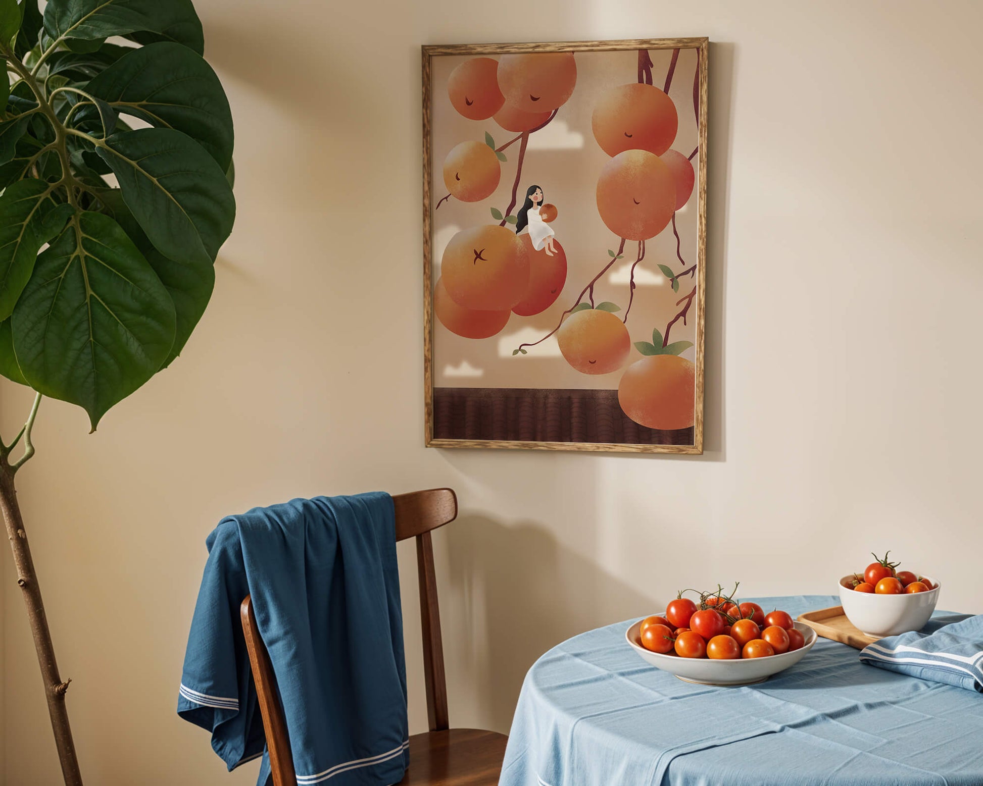 Whimsical illustration of girl with giant oranges and branches
