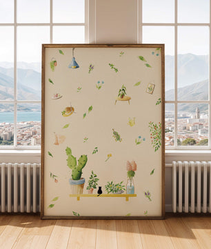 Illustration décorative avec des plantes et des éléments chaleureux