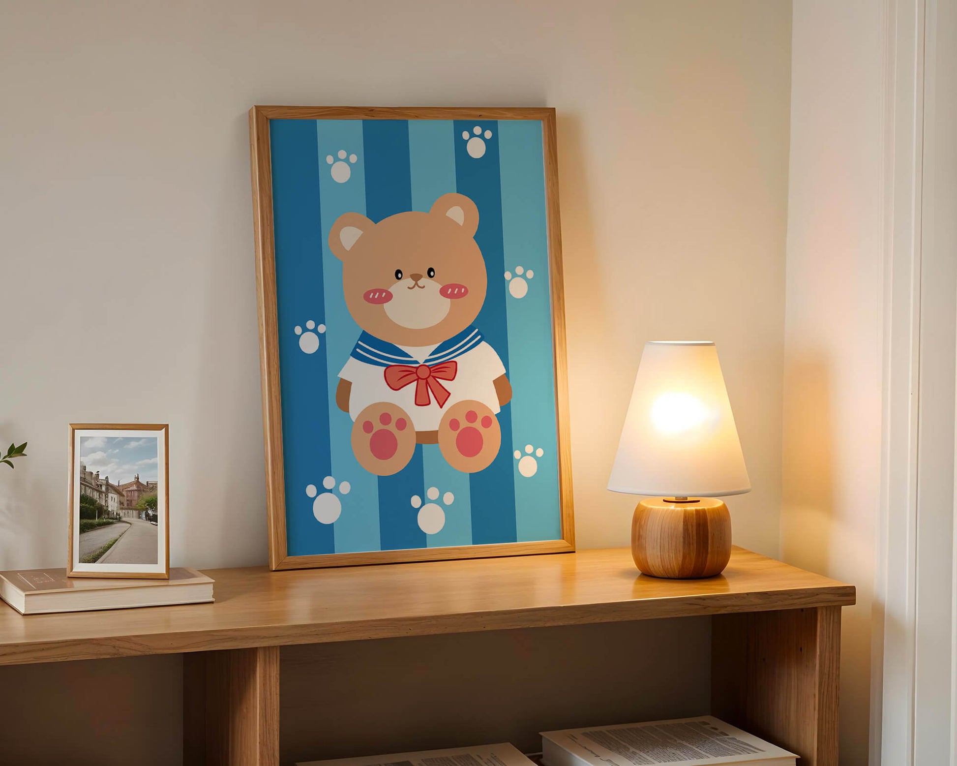 Adorable cartoon bear with sailor suit against striped background
