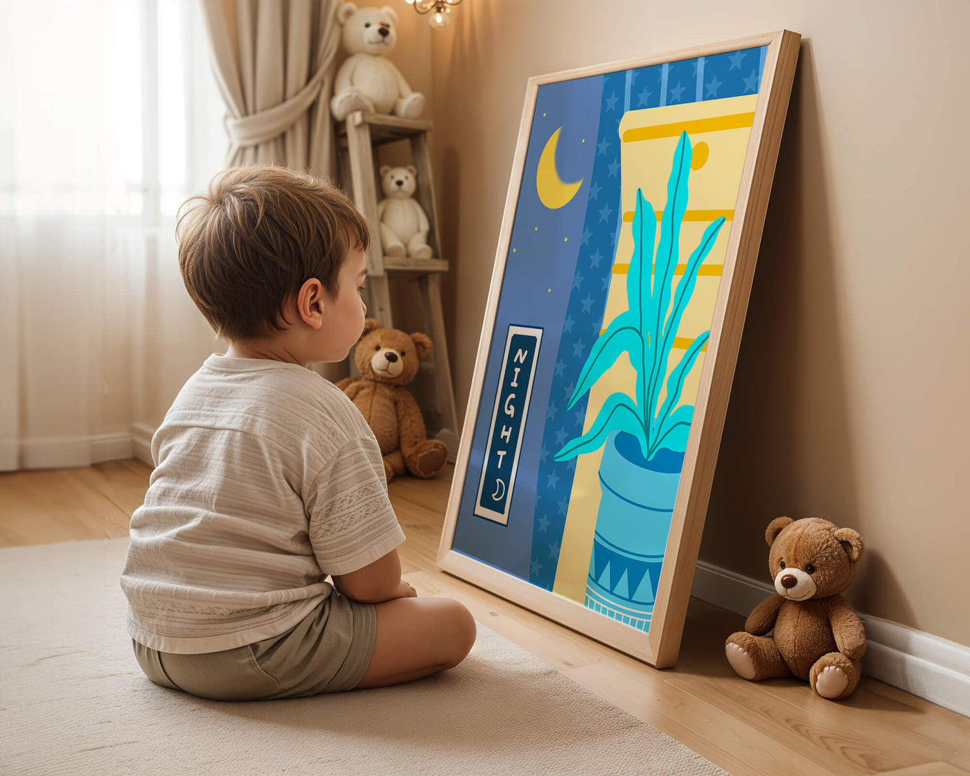 Nighttime plant illustration with crescent moon and starry background