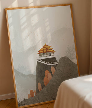 Serene landscape with traditional pagoda and autumn trees