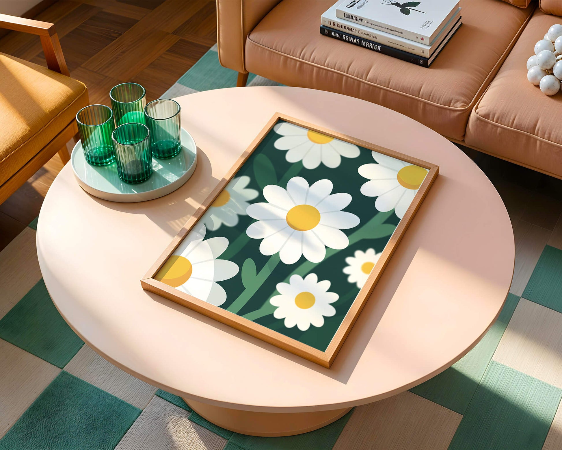 Margaritas sobre fondo verde oscuro con diseño abstracto