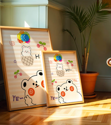 Adorable bears with colorful balloons and cherries on striped background