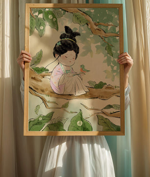 Serene illustration of a girl with a bird in a tree