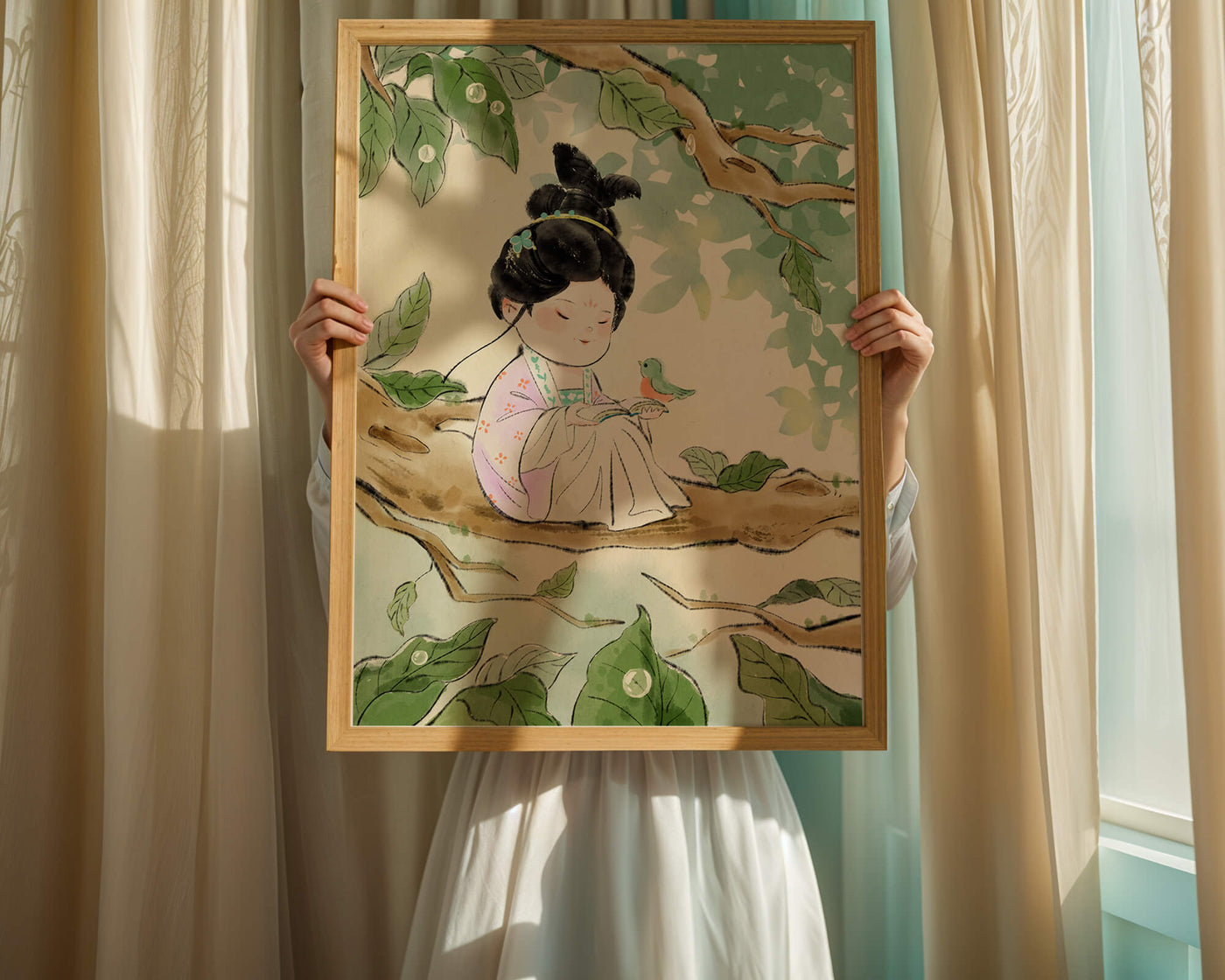 Serene illustration of a girl with a bird in a tree