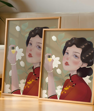 Captivating portrait of a woman in traditional attire with floral backdrop