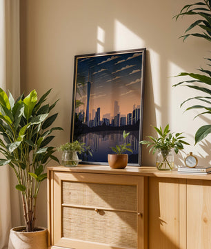 Skyline der Stadt bei Sonnenuntergang mit futuristischem Touch und Wasserspiegelung